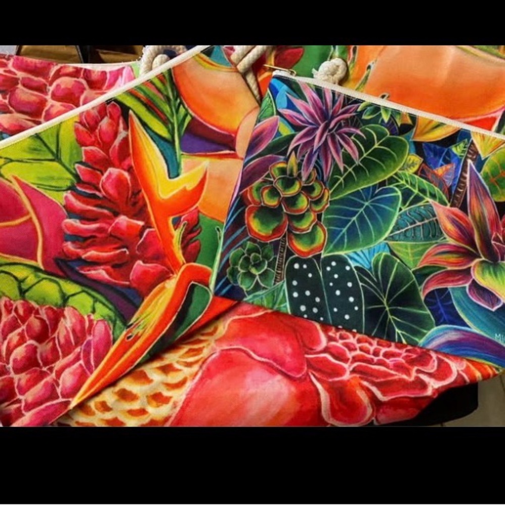 Michal Vibrant Tropical Print Tote Bag and 2 zipper pouches